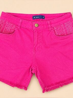 AK Jeans Hot Pink Embroidered Pocket Frayed Denim Shorts Size 38
